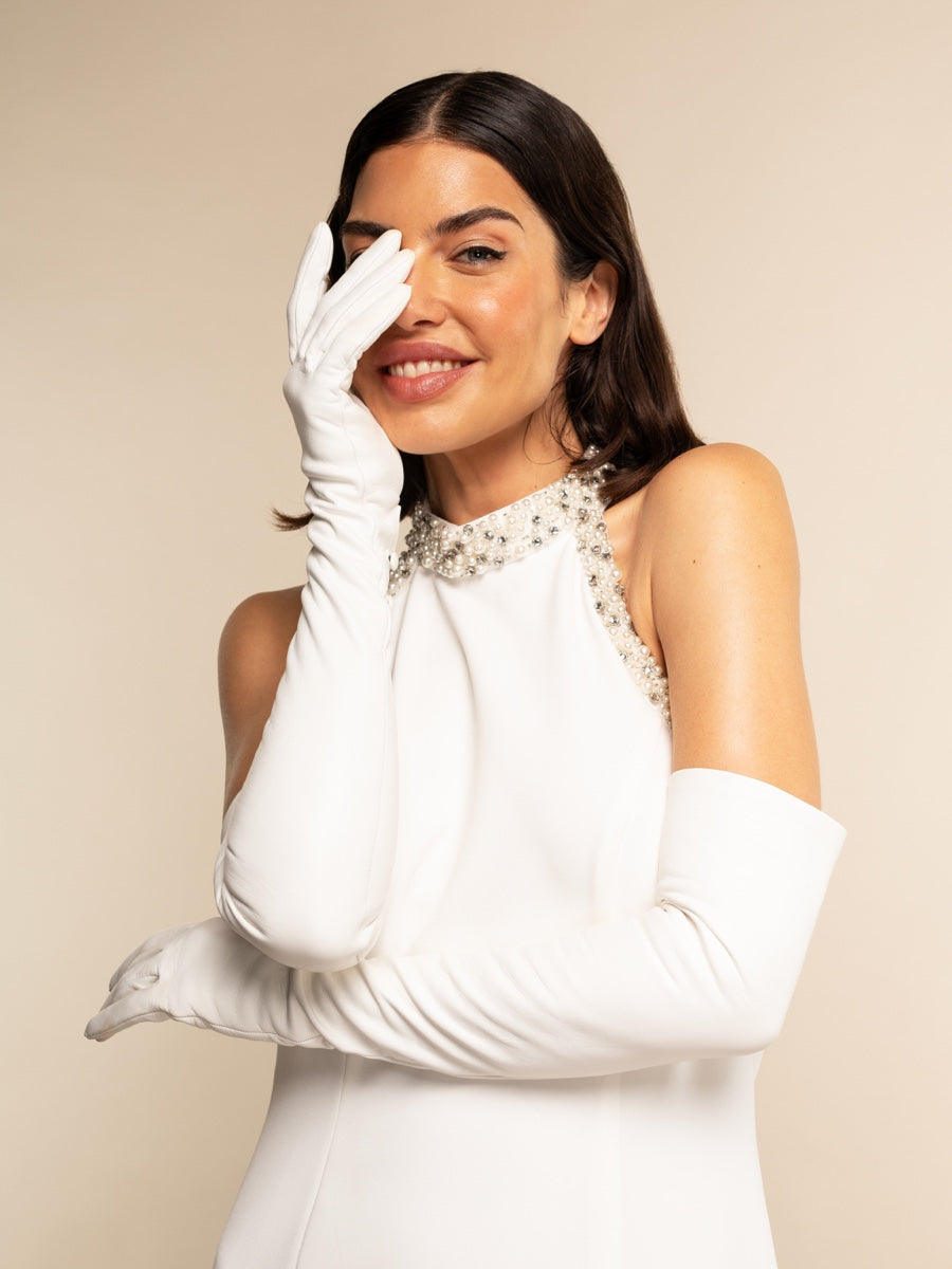 Angelina (white) - Italian silk lined 16-button length leather bridal / opera gloves - Leather Gloves Online - Luxury Leather Gloves - 2