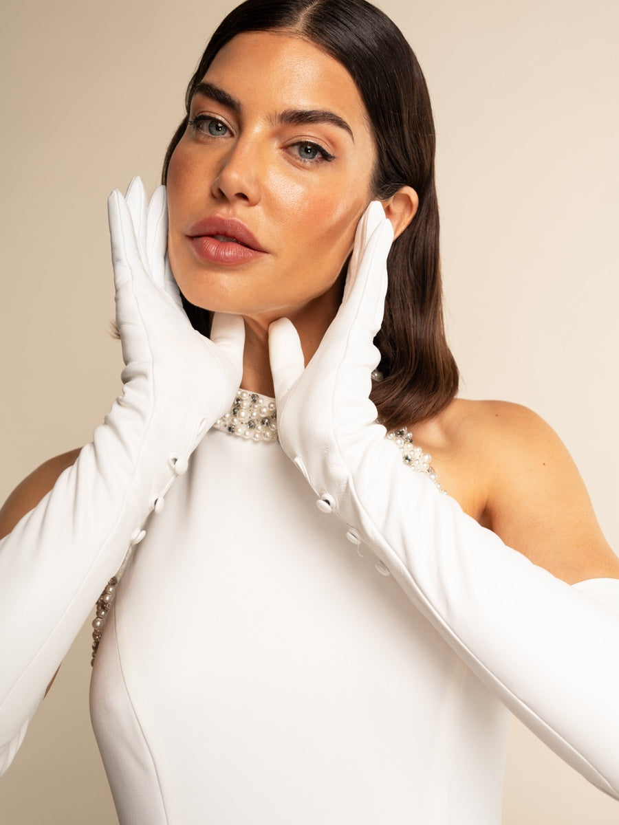 Angelina (white) - Italian silk lined 16-button length leather bridal / opera gloves - Leather Gloves Online - Luxury Leather Gloves - 3