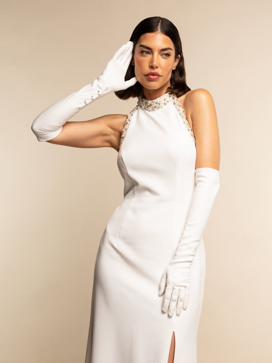 Angelina (white) - Italian silk lined 12-button length leather bridal / opera gloves - Leather Gloves Online - Luxury Leather Gloves - 7
