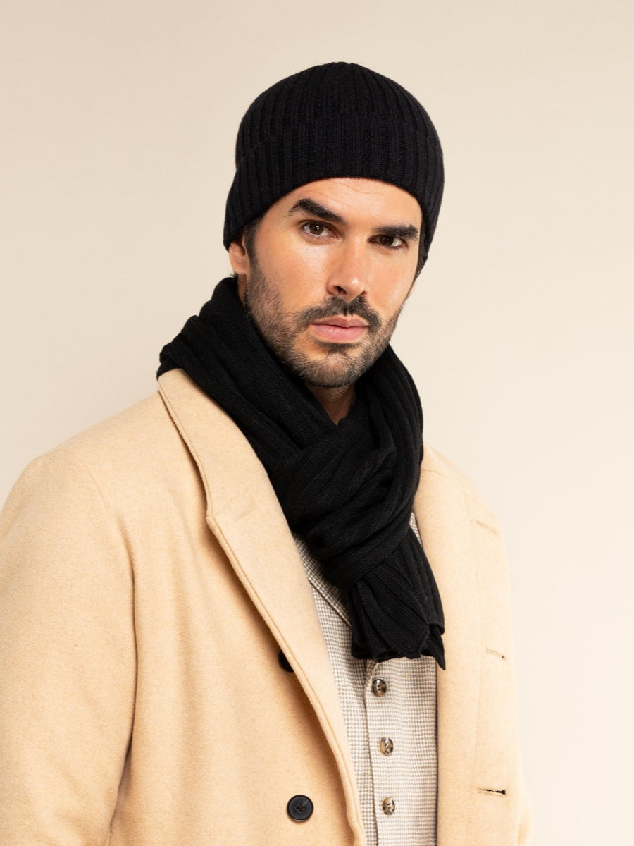 Milano (black) - 100% cashmere ribbed beanie (unisex)  - Leather Gloves Online - Luxury Beanie - 7