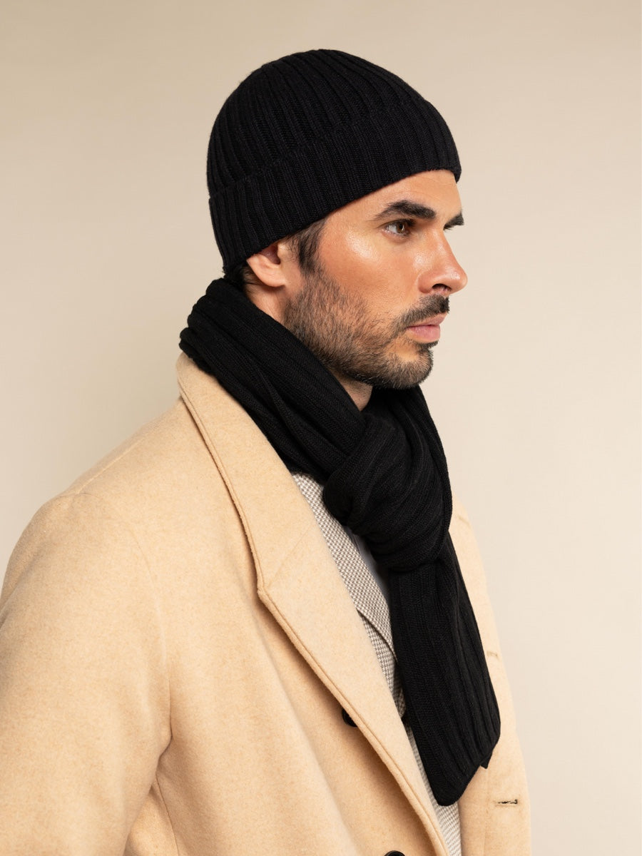 Milano (black) - 100% cashmere ribbed beanie (unisex)  - Leather Gloves Online - Luxury Beanie - 10