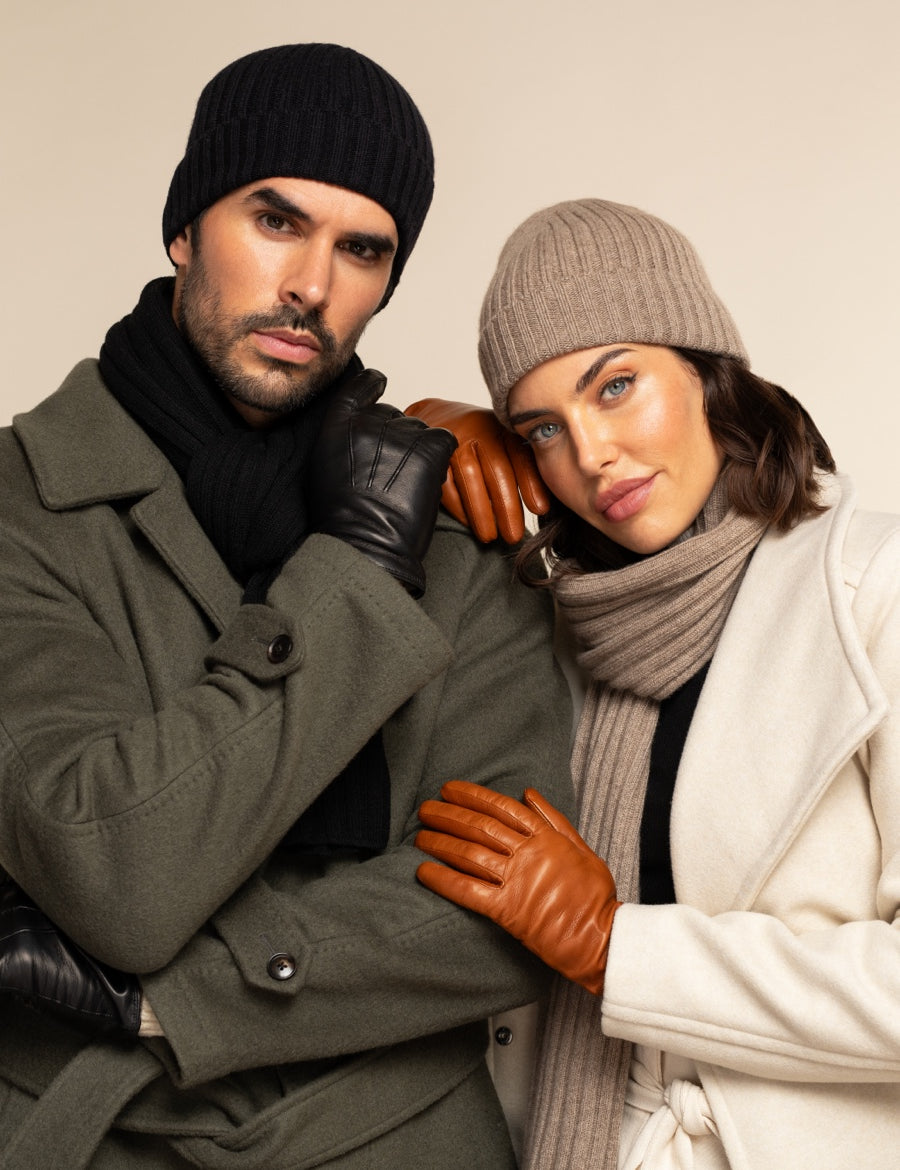 Milano (black) - 100% cashmere ribbed beanie (unisex)  - Leather Gloves Online - Luxury Beanie - 14