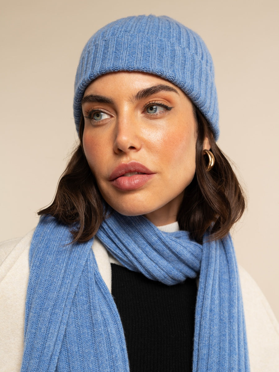 Milano (light blue) - 100% cashmere ribbed beanie (unisex) - Leather Gloves Online - Luxury Beanie - 10