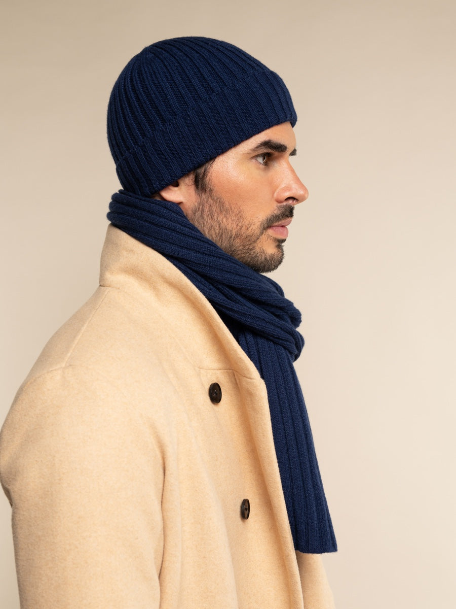 Milano (navy blue) - 100% cashmere ribbed beanie (unisex)- Leather Gloves Online - Luxury Beanie - 7