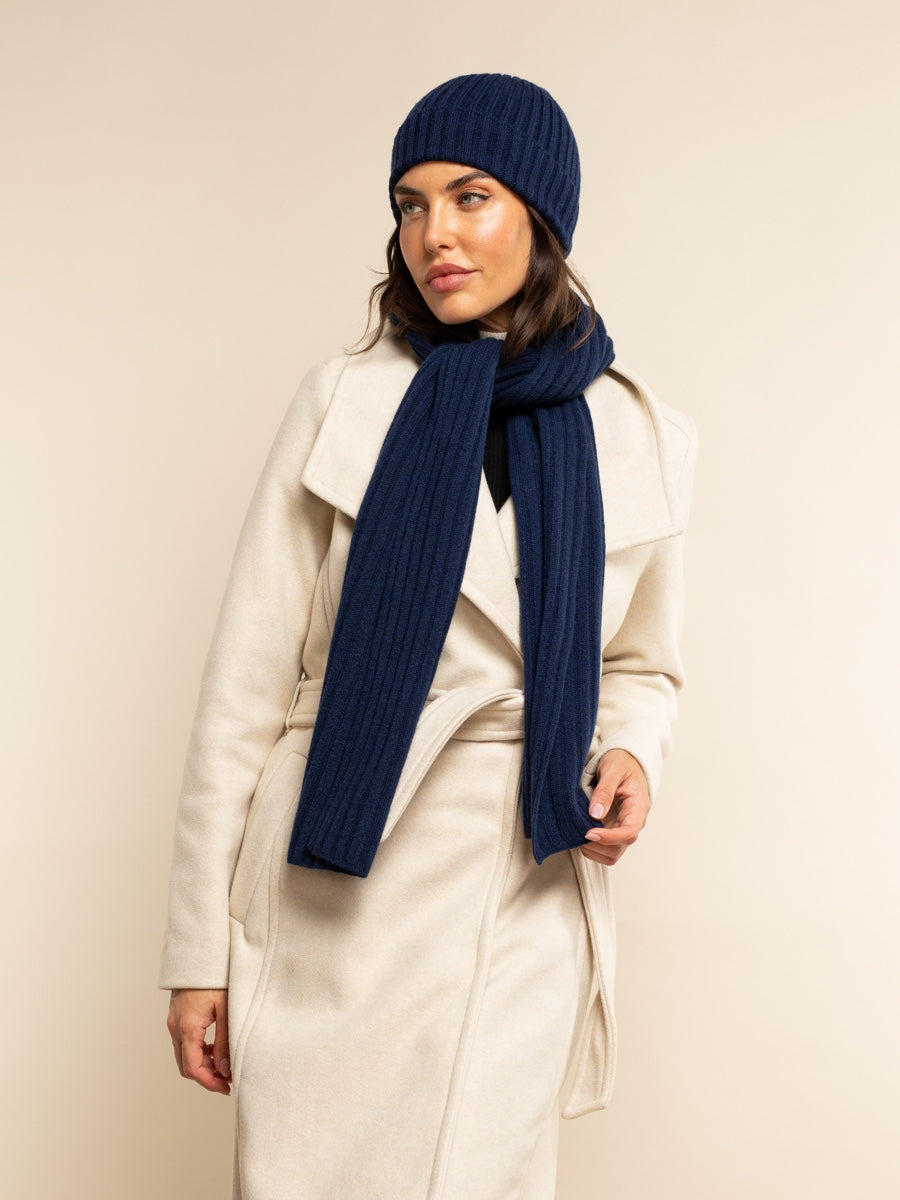 Milano (navy blue) - 100% cashmere ribbed beanie (unisex)- Leather Gloves Online - Luxury Beanie - 11