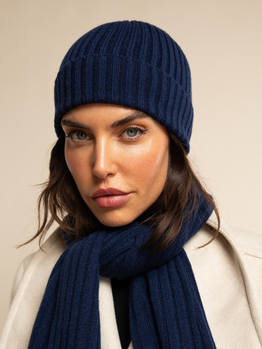 Milano (navy blue) - 100% cashmere ribbed beanie (unisex)- Leather Gloves Online - Luxury Beanie - 12