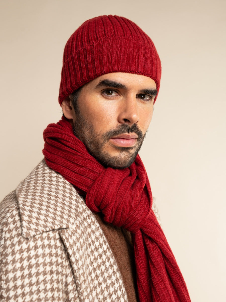 Milano (red) - 100% cashmere ribbed beanie (unisex) - Leather Gloves Online - Luxury Beanie - 7