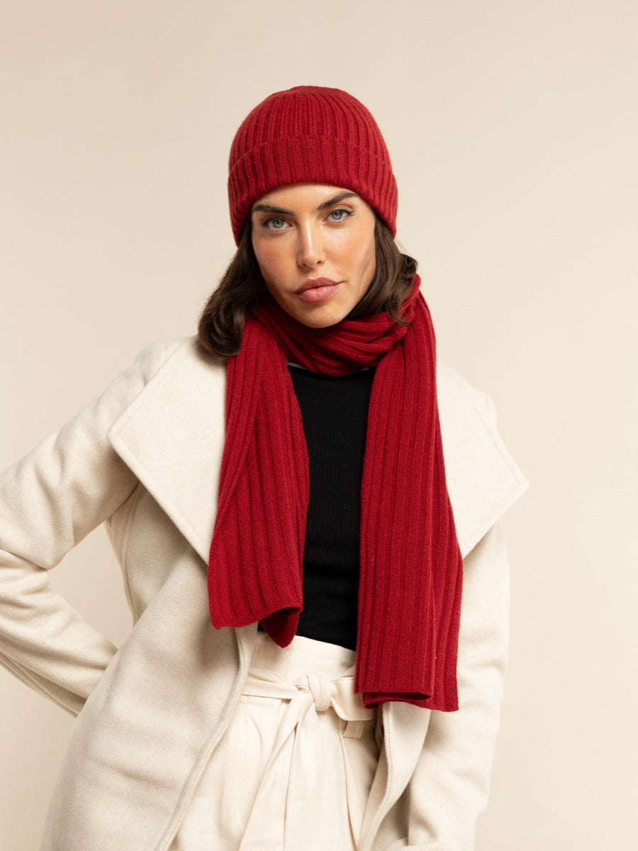 Milano (red) - 100% cashmere ribbed beanie (unisex) - Leather Gloves Online - Luxury Beanie - 9