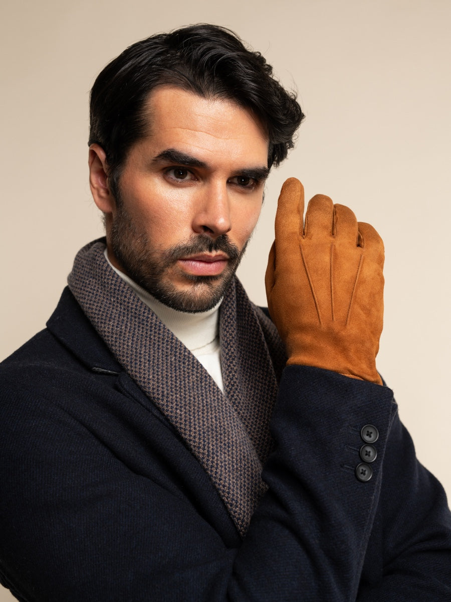 Riccardo (brown & blue) - 100% cashmere scarf with pattern- Leather Gloves Online - Luxury Italian Scarf - 7