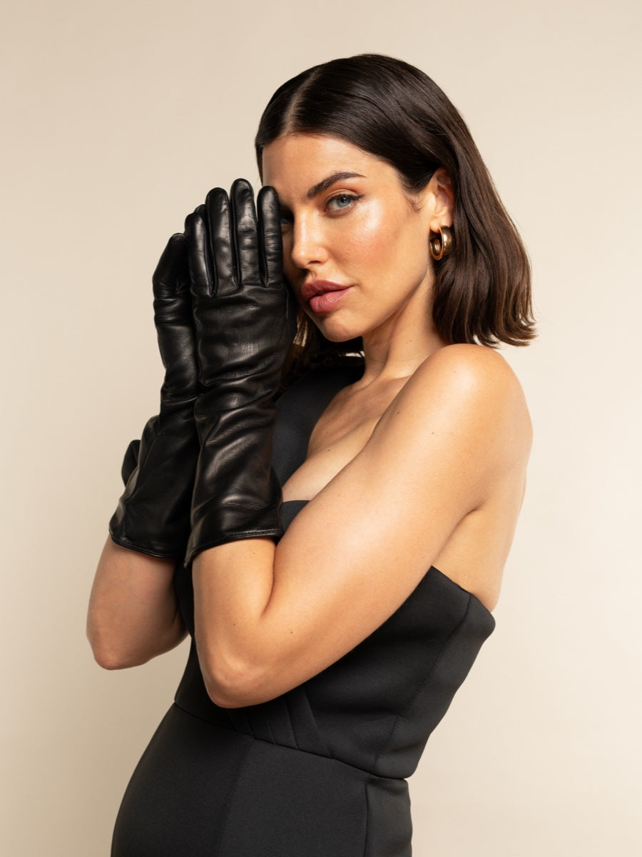 Elena (black) - Italian silk lined 6-button length leather opera gloves - Leather Gloves Online - Luxury Leather Gloves - 2