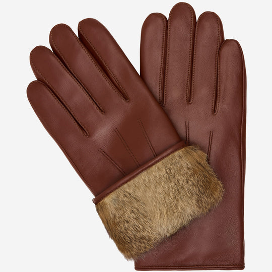 Ezra (brown) - Lambskin leather gloves with warm rabbit fur lining and touchscreen feature