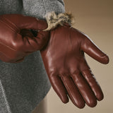 Ezra (brown) - Lambskin leather gloves with warm rabbit fur lining and touchscreen feature