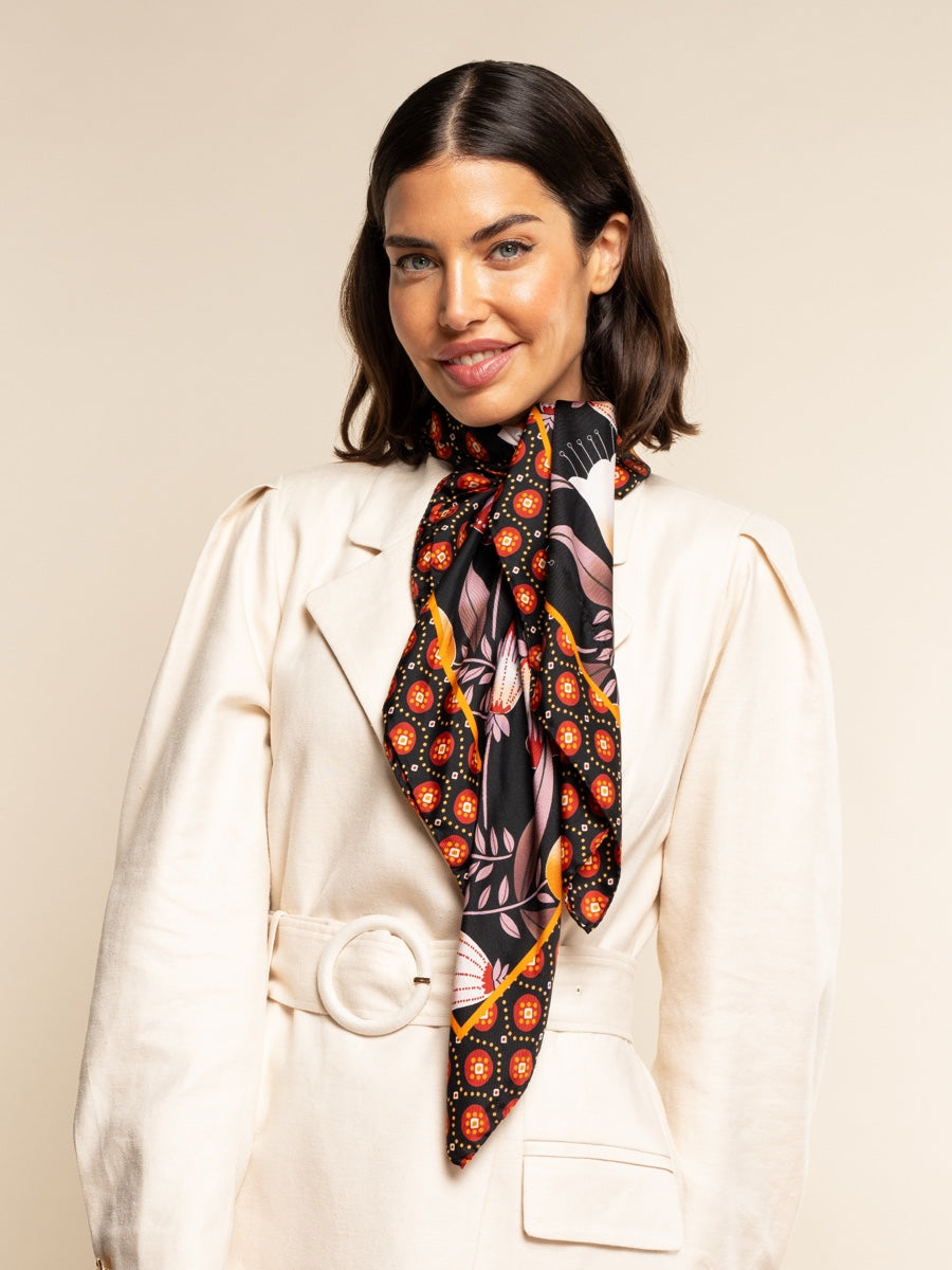 Bruna (black/orange)- soft and lightweight Italian foulard from pure silk - Leather Gloves Online - Luxury Silk Scarf - 1
