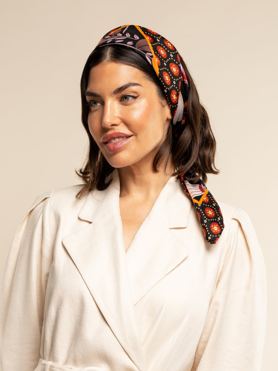 Bruna (black/orange)- soft and lightweight Italian foulard from pure silk - Leather Gloves Online - Luxury Silk Scarf - 10