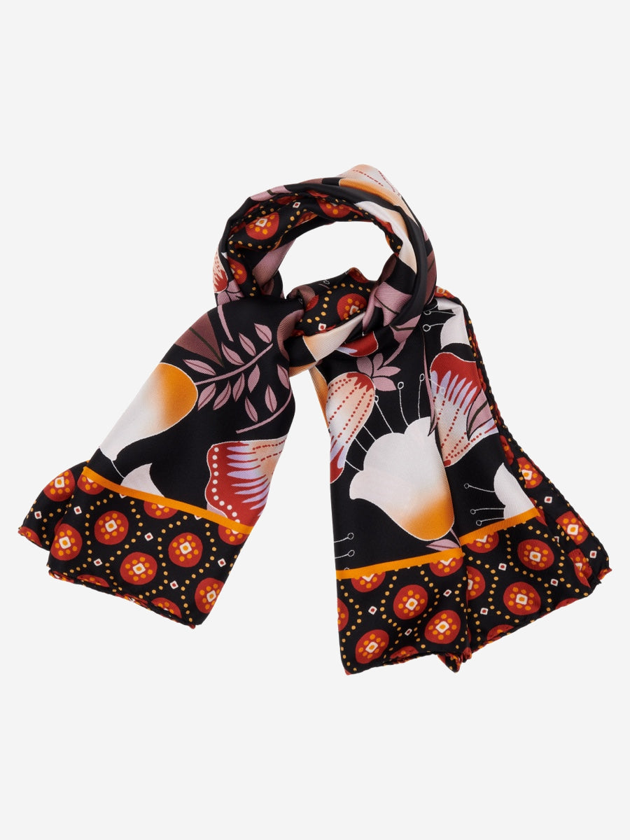 Bruna (black/orange)- soft and lightweight Italian foulard from pure silk - Leather Gloves Online - Luxury Silk Scarf - 3