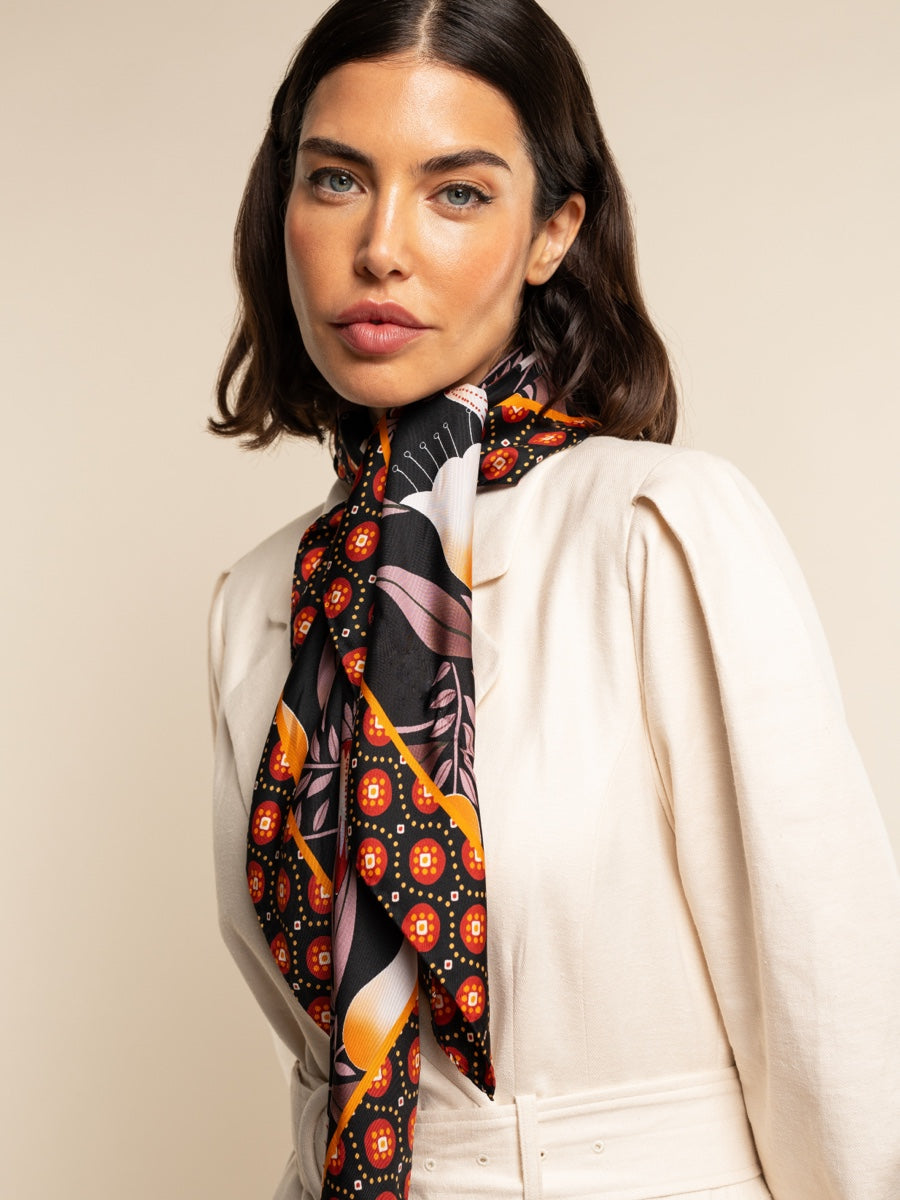 Bruna (black/orange)- soft and lightweight Italian foulard from pure silk - Leather Gloves Online - Luxury Silk Scarf - 5
