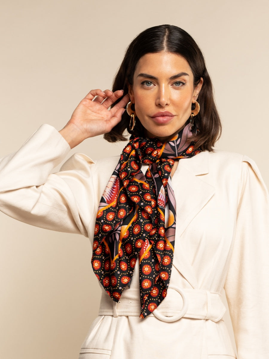 Bruna (black/orange)- soft and lightweight Italian foulard from pure silk - Leather Gloves Online - Luxury Silk Scarf - 6