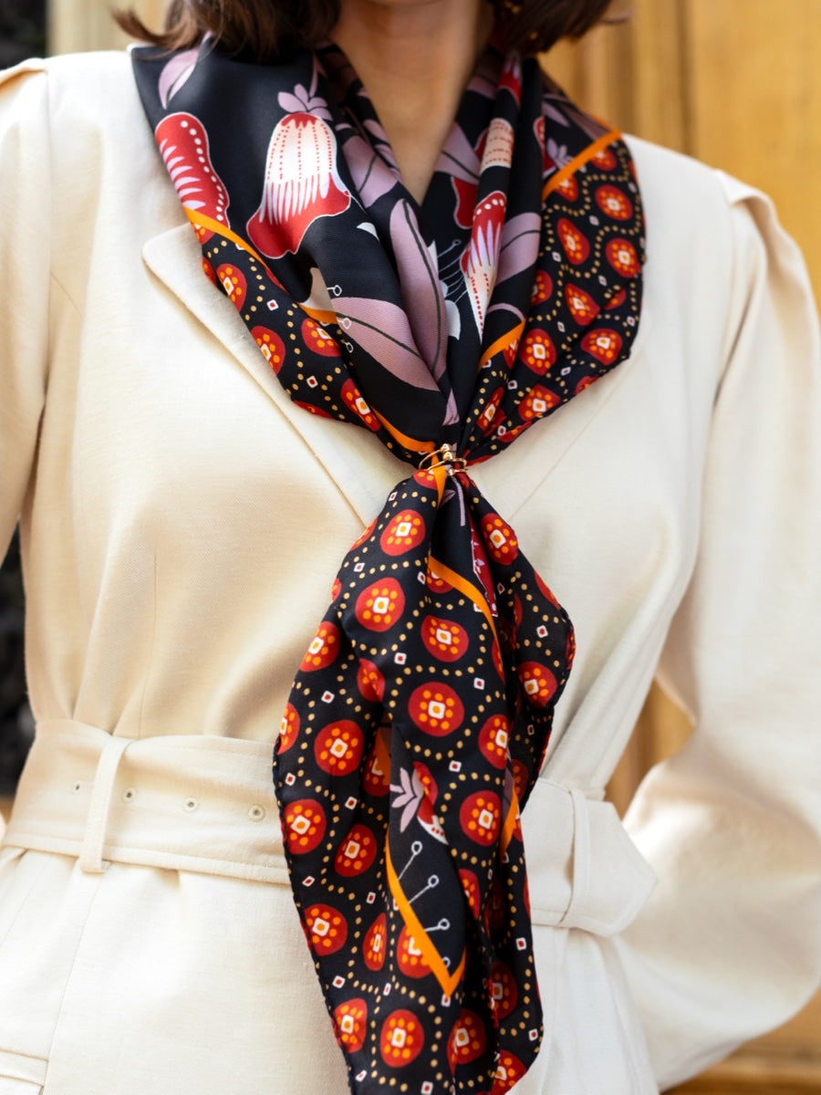 Bruna (black/orange)- soft and lightweight Italian foulard from pure silk - Leather Gloves Online - Luxury Silk Scarf - 7