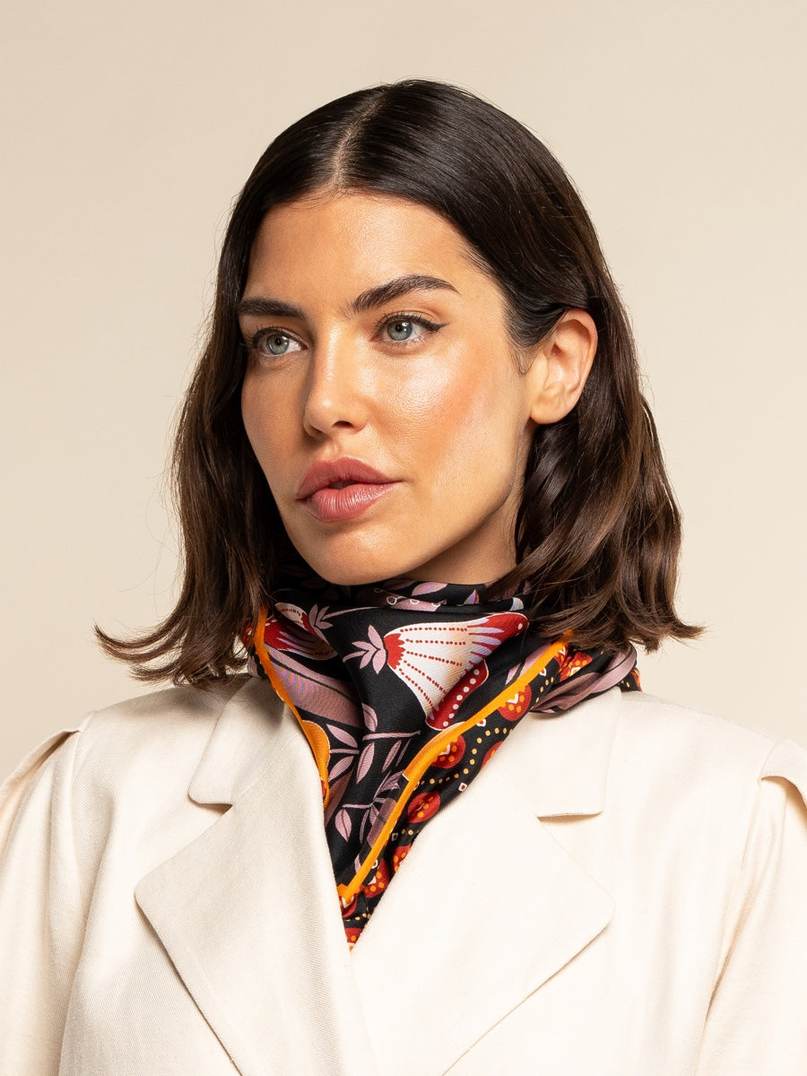 Bruna (black/orange)- soft and lightweight Italian foulard from pure silk - Leather Gloves Online - Luxury Silk Scarf - 8
