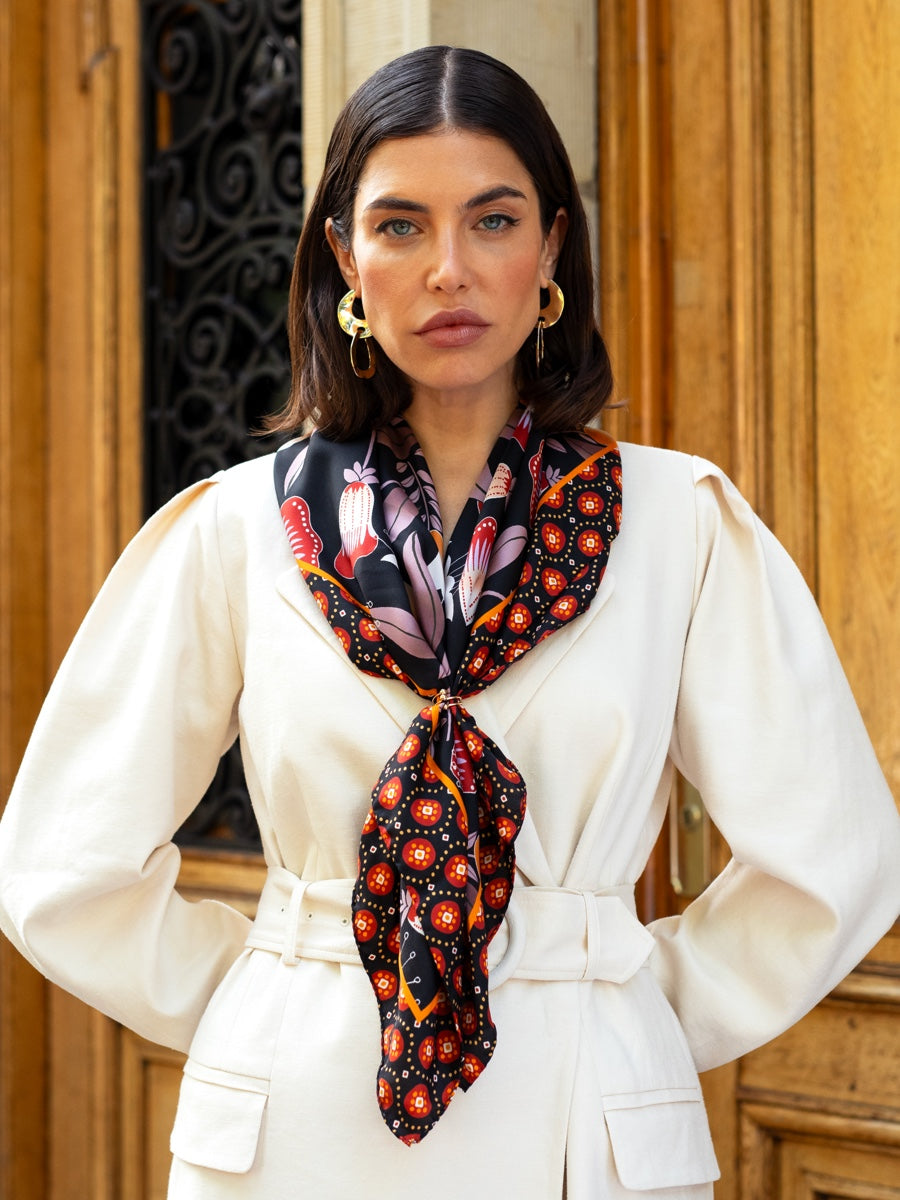 Bruna (black/orange)- soft and lightweight Italian foulard from pure silk - Leather Gloves Online - Luxury Silk Scarf - 9