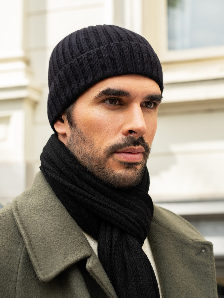 Milano (black) - 100% cashmere ribbed beanie (unisex)  - Leather Gloves Online - Luxury Beanie - 13