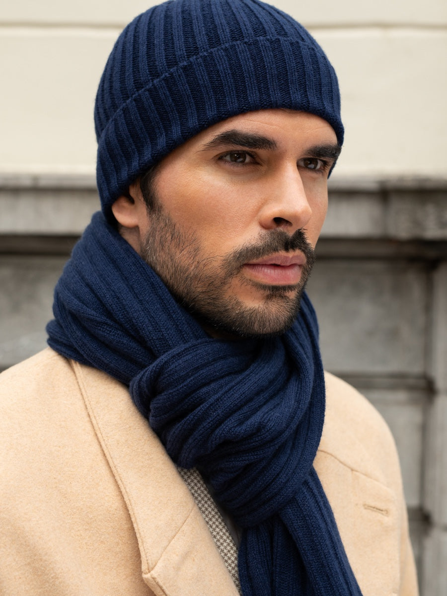 Milano (navy blue) - 100% cashmere ribbed beanie (unisex)- Leather Gloves Online - Luxury Beanie - 10