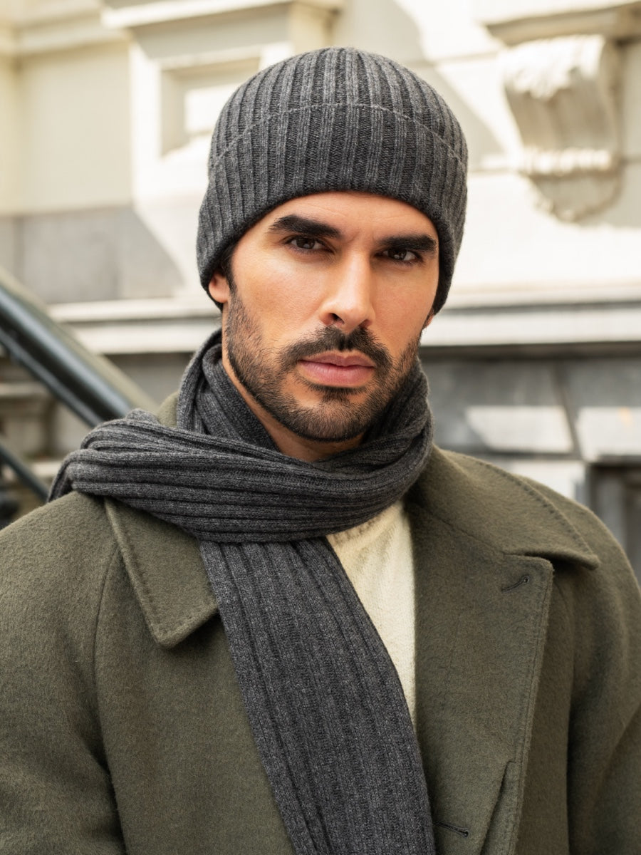 Milano (dark grey) - 100% cashmere ribbed beanie (unisex) - Leather Gloves Online - Luxury Beanie - 7