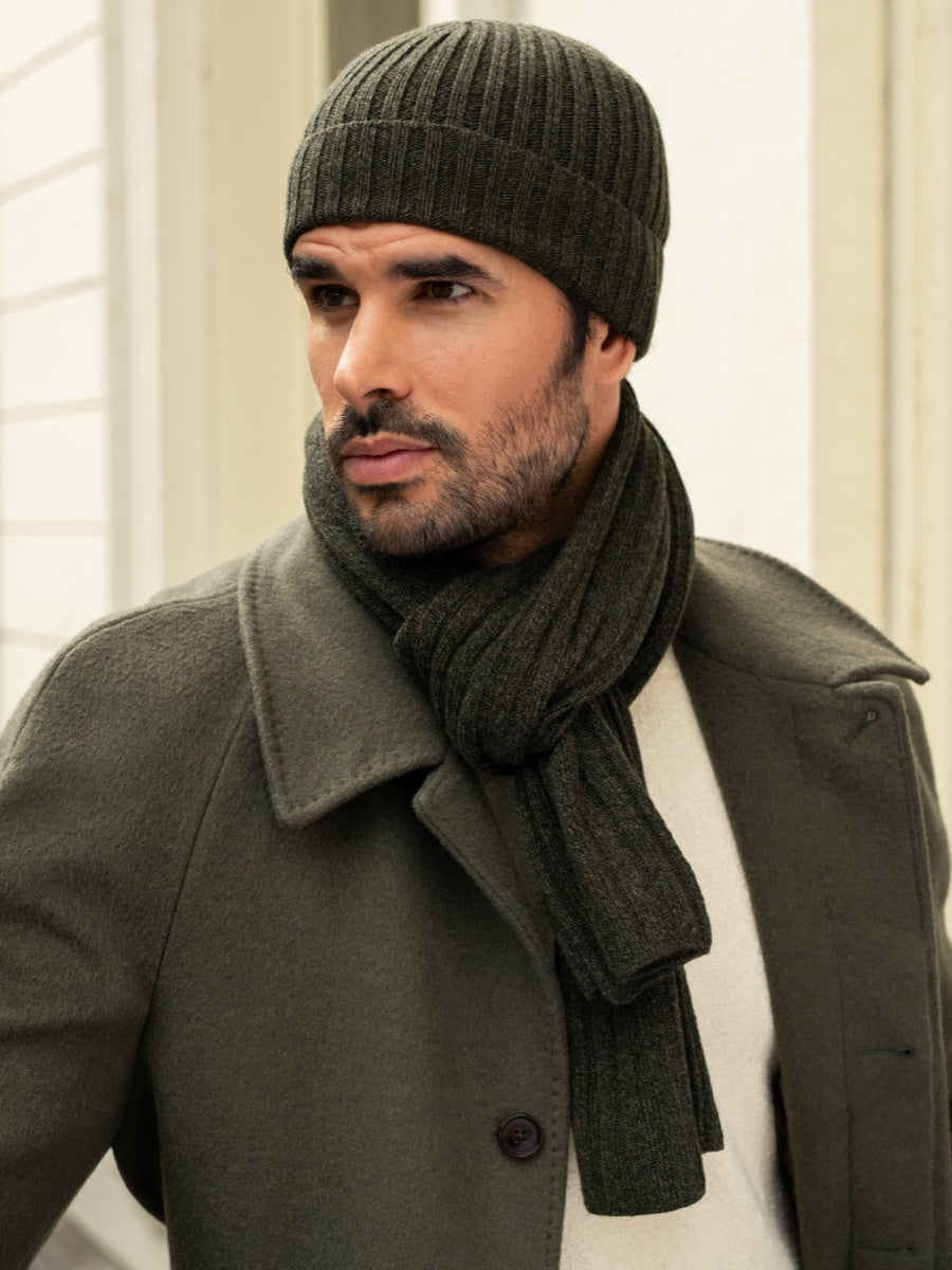 Milano (dark green) - 100% cashmere ribbed beanie (unisex) - Leather Gloves Online - Luxury Beanie - 10