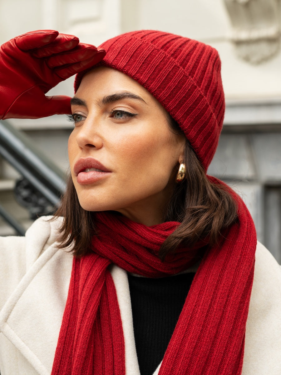 Milano (red) - 100% cashmere ribbed beanie (unisex) - Leather Gloves Online - Luxury Beanie - 13