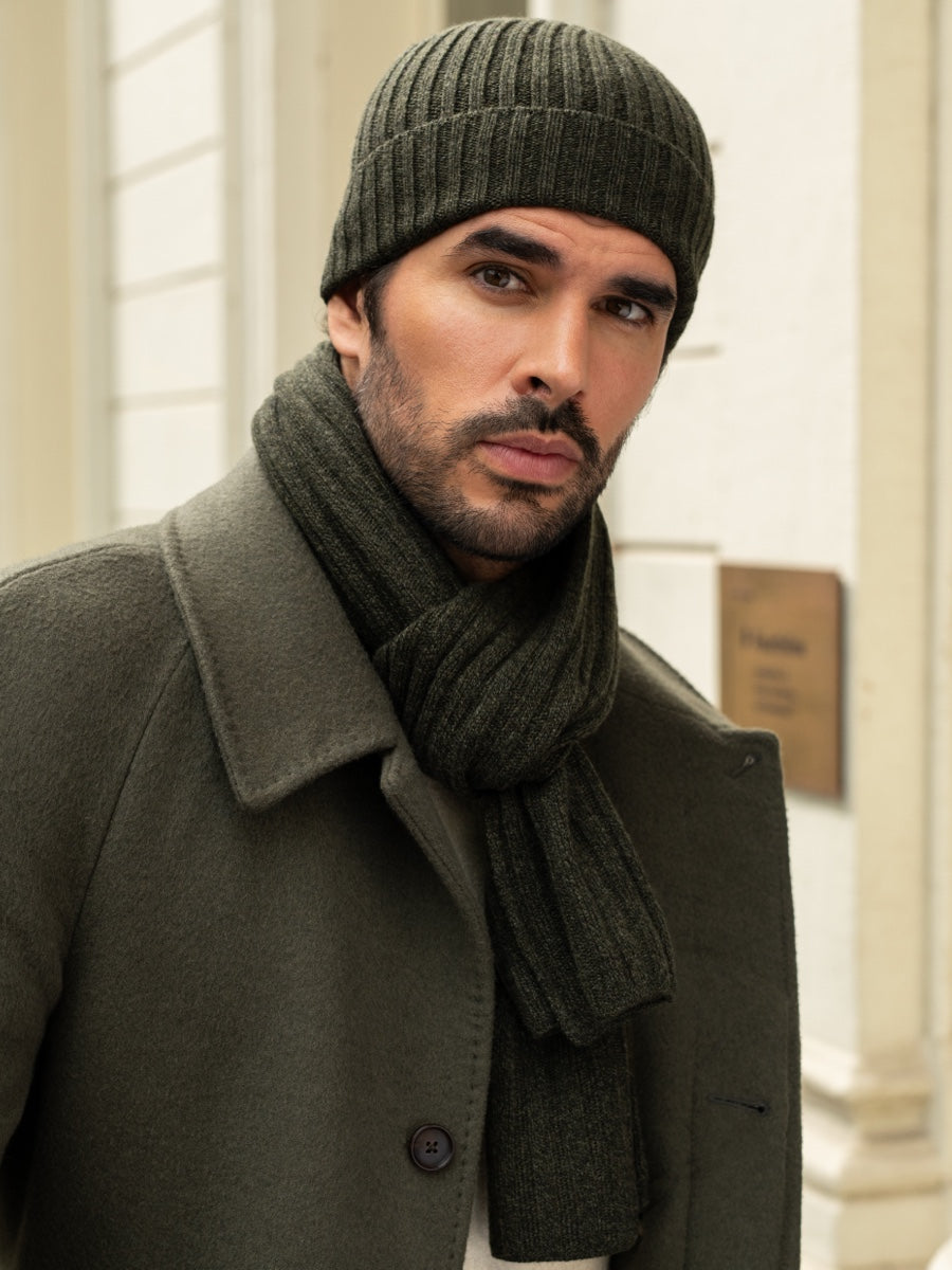 Milano (dark green) - 100% cashmere ribbed beanie (unisex) - Leather Gloves Online - Luxury Beanie - 14