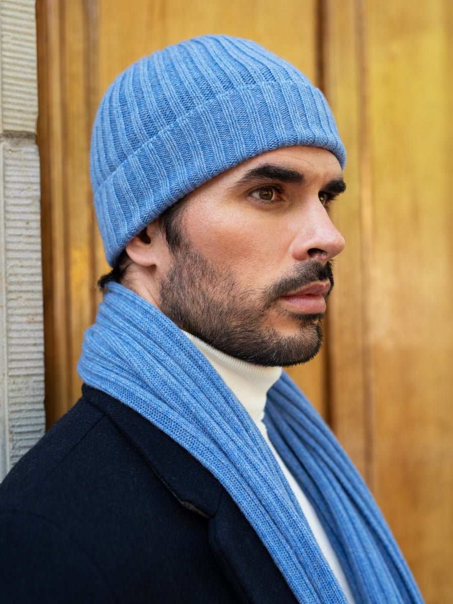 Napoli (light blue) - 100% cashmere ribbed scarf (unisex)- Leather Gloves Online - Luxury Italian Scarf - 13