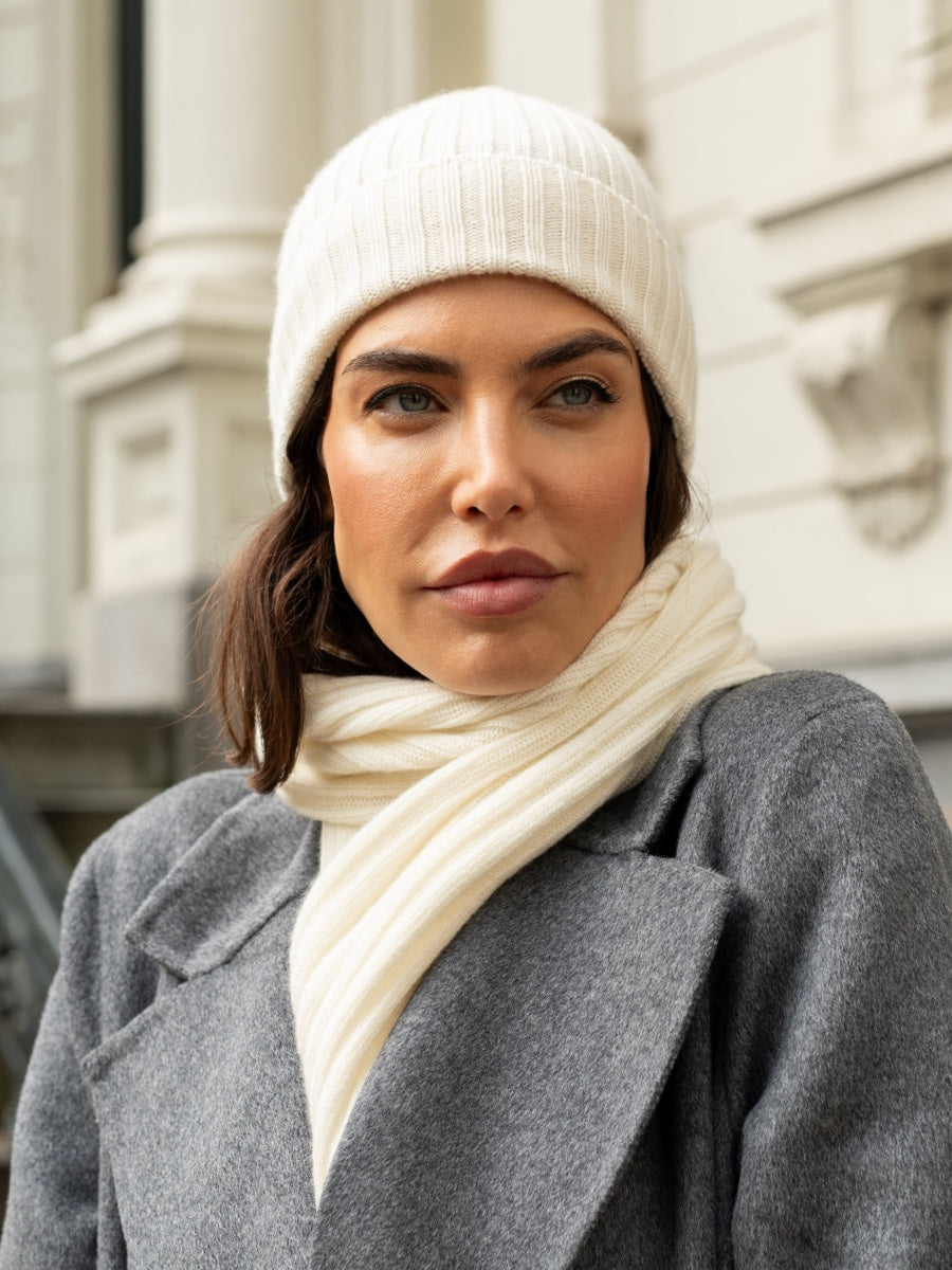 Napoli (cream) - 100% cashmere ribbed scarf (unisex)- Leather Gloves Online - Luxury Italian Scarf - 17