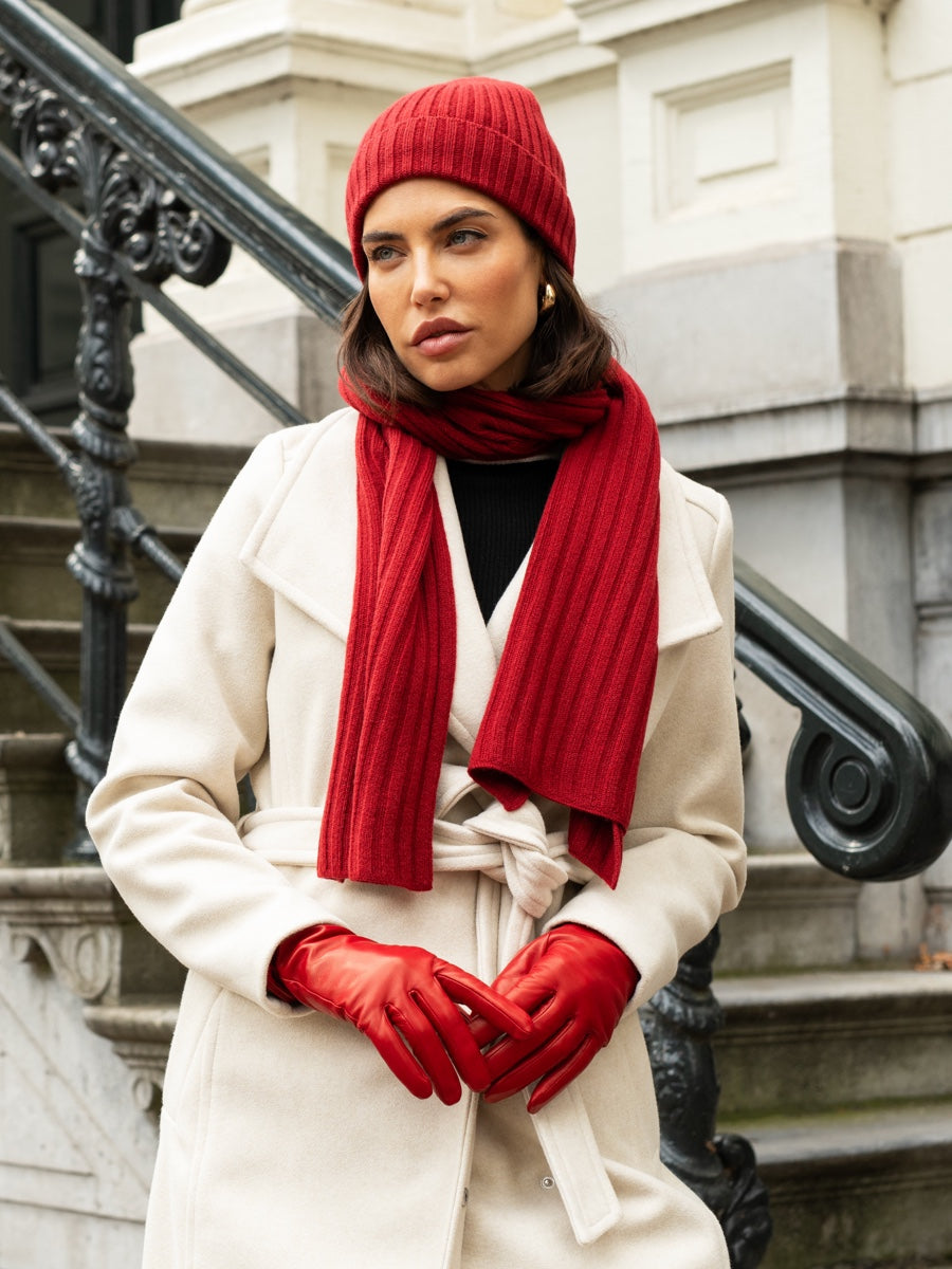 Milano (red) - 100% cashmere ribbed beanie (unisex) - Leather Gloves Online - Luxury Beanie - 8