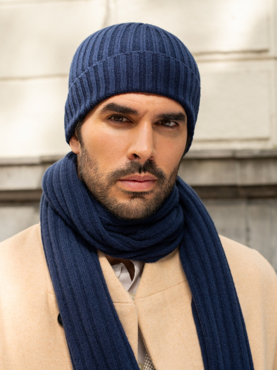 Milano (navy blue) - 100% cashmere ribbed beanie (unisex)- Leather Gloves Online - Luxury Beanie - 15