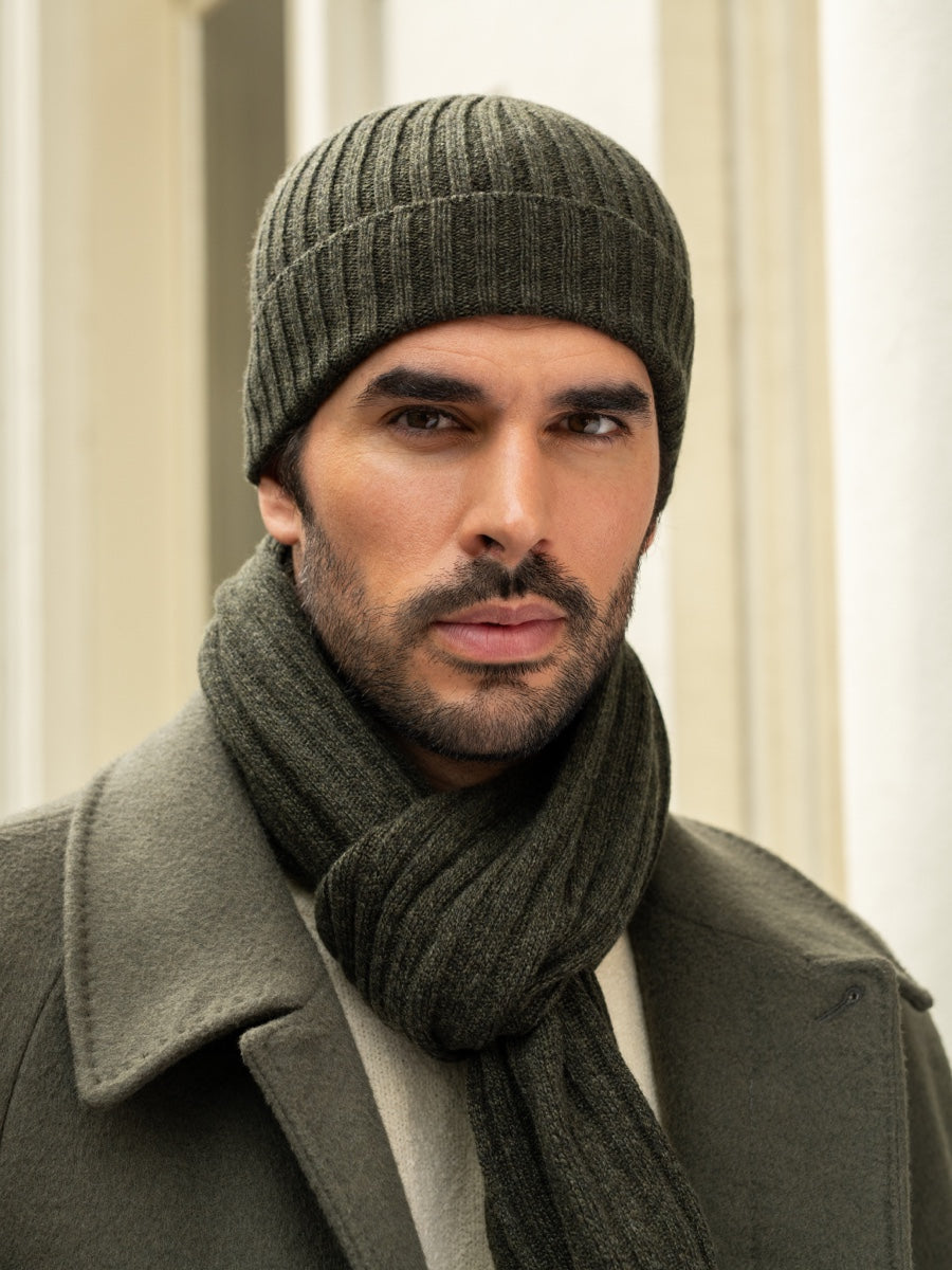 Milano (dark green) - 100% cashmere ribbed beanie (unisex) - Leather Gloves Online - Luxury Beanie - 9