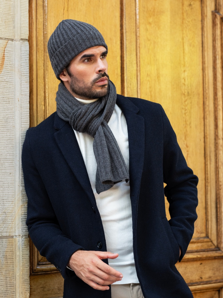 Milano (dark grey) - 100% cashmere ribbed beanie (unisex) - Leather Gloves Online - Luxury Beanie - 16