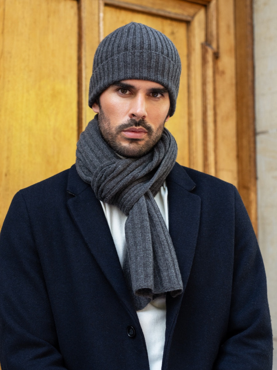 Milano (dark grey) - 100% cashmere ribbed beanie (unisex) - Leather Gloves Online - Luxury Beanie - 13