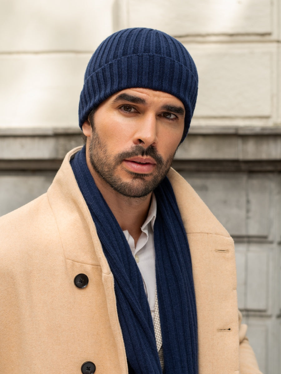 Milano (navy blue) - 100% cashmere ribbed beanie (unisex)- Leather Gloves Online - Luxury Beanie - 9