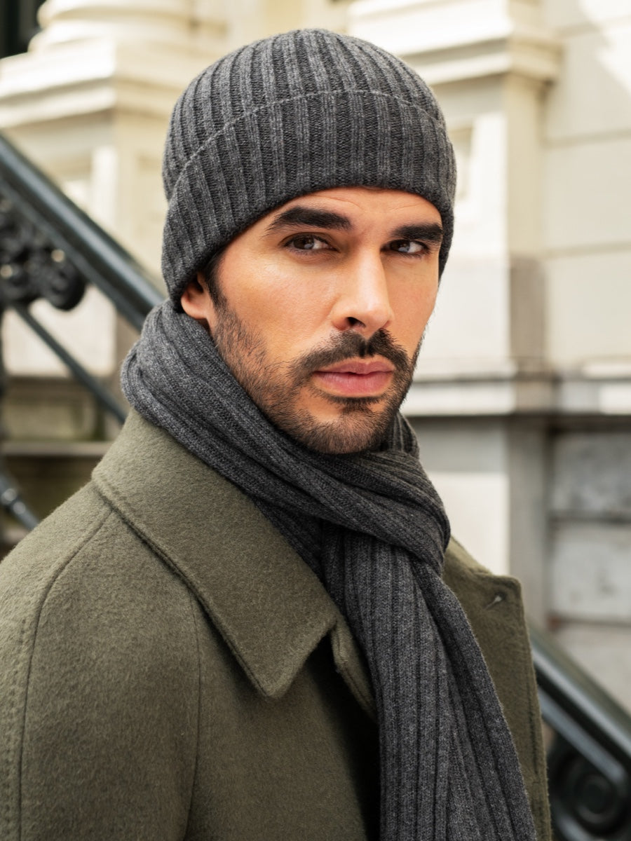Milano (dark grey) - 100% cashmere ribbed beanie (unisex) - Leather Gloves Online - Luxury Beanie - 9