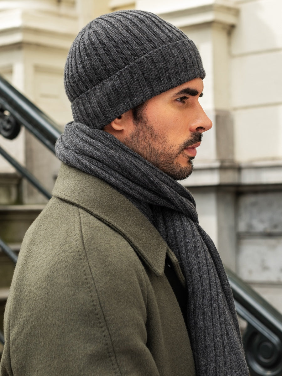 Milano (dark grey) - 100% cashmere ribbed beanie (unisex) - Leather Gloves Online - Luxury Beanie - 15