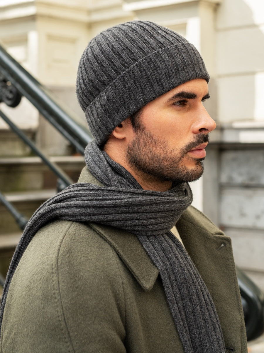 Milano (dark grey) - 100% cashmere ribbed beanie (unisex) - Leather Gloves Online - Luxury Beanie - 10