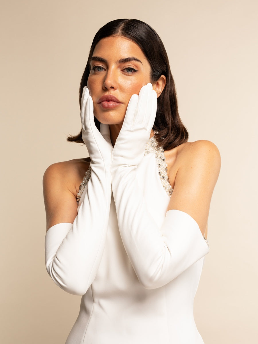 Gabriella (white) - Italian unlined 16-button length leather bridal / opera gloves - Leather Gloves Online - Luxury Leather Gloves - 2