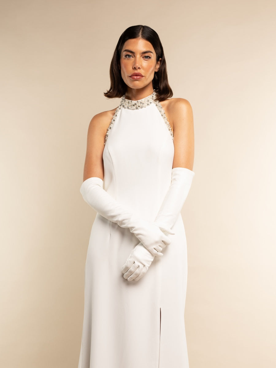Gabriella (white) - Italian unlined 12-button length leather bridal / opera gloves - Leather Gloves Online - Luxury Leather Gloves - 2