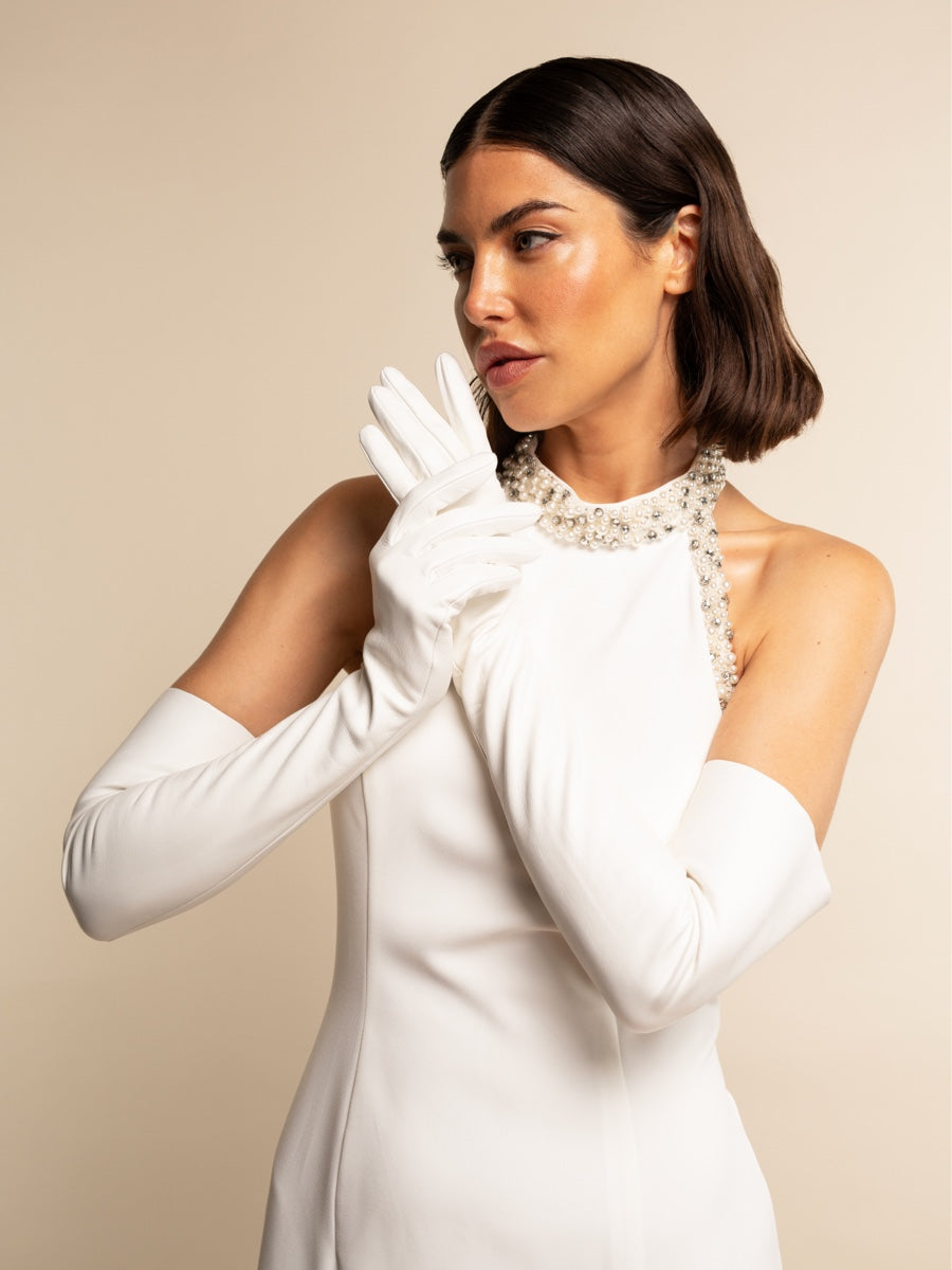 Gabriella (white) - Italian unlined 16-button length leather bridal / opera gloves - Leather Gloves Online - Luxury Leather Gloves - 3