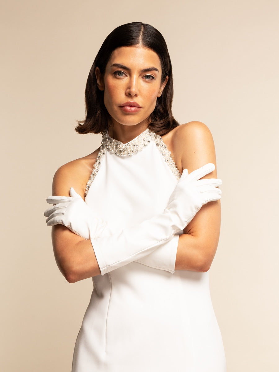 Gabriella (white) - Italian unlined 8-button length leather bridal / opera gloves - Leather Gloves Online - Luxury Leather Gloves - 3