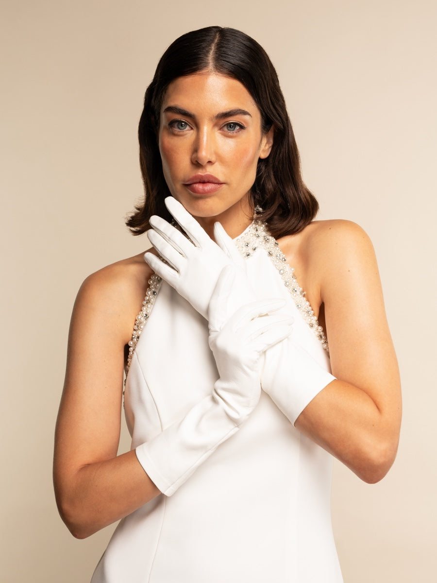 Gabriella (white) - Italian unlined 6-button length leather bridal / opera gloves - Leather Gloves Online - Luxury Leather Gloves - 4