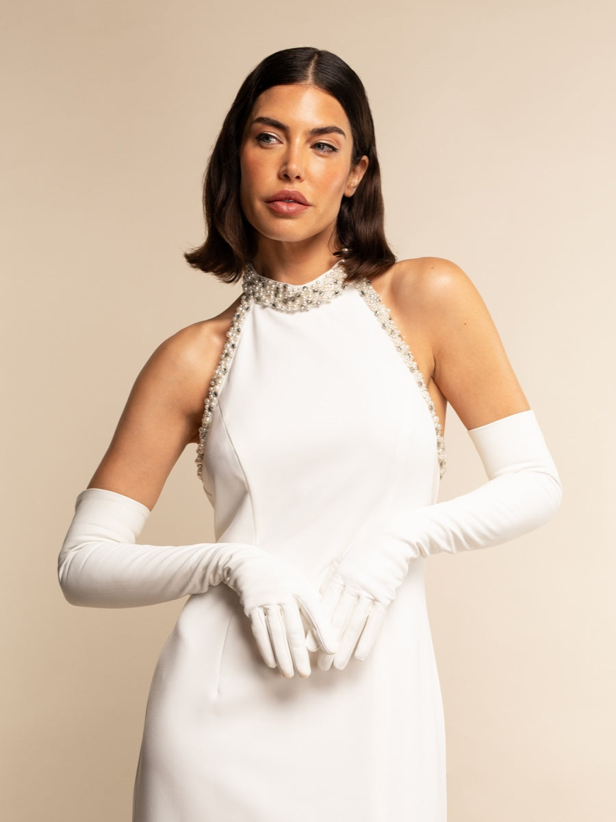 Gabriella (white) - Italian unlined 16-button length leather bridal / opera gloves - Leather Gloves Online - Luxury Leather Gloves - 4