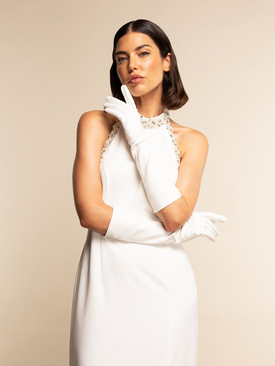 Gabriella (white) - Italian unlined 8-button length leather bridal / opera gloves - Leather Gloves Online - Luxury Leather Gloves - 5