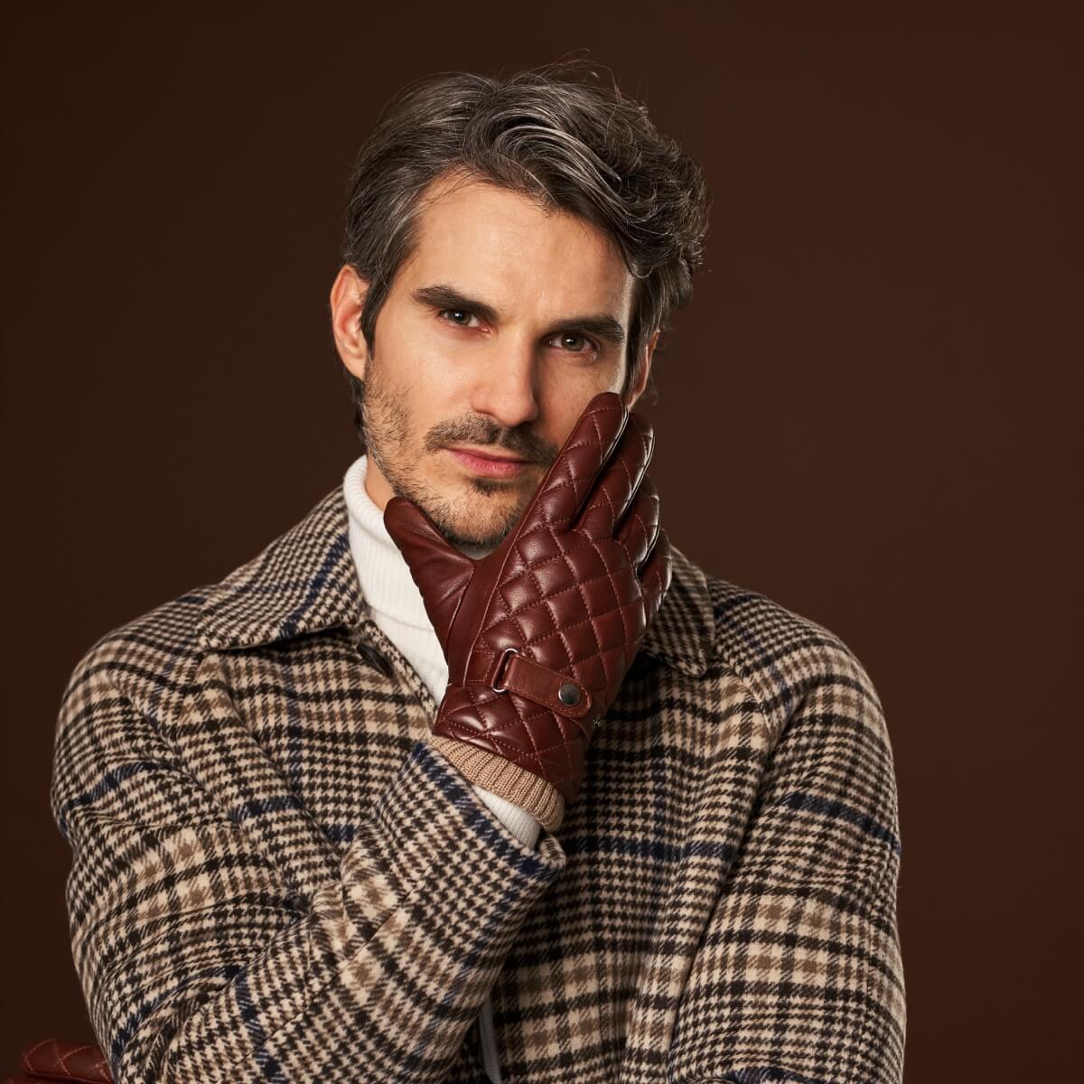 Luca (brown) - Italian lambskin leather gloves with cashmere lining and checkered pattern - Leather Gloves Online - Luxury Leather Gloves - 8