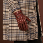 Luca (brown) - Italian lambskin leather gloves with cashmere lining and checkered pattern - Leather Gloves Online - Luxury Leather Gloves - 9